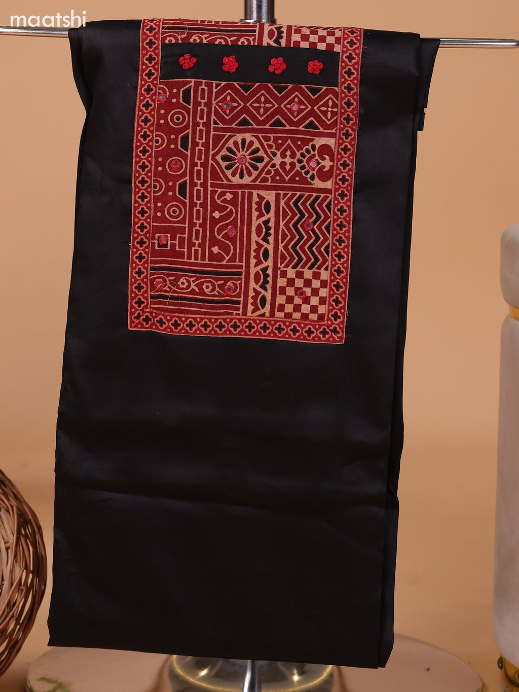 Black and Maroon Cotton Dress Material With Plain Body & Embroidery Work Neck Pattern and Bottom & Dupatta
