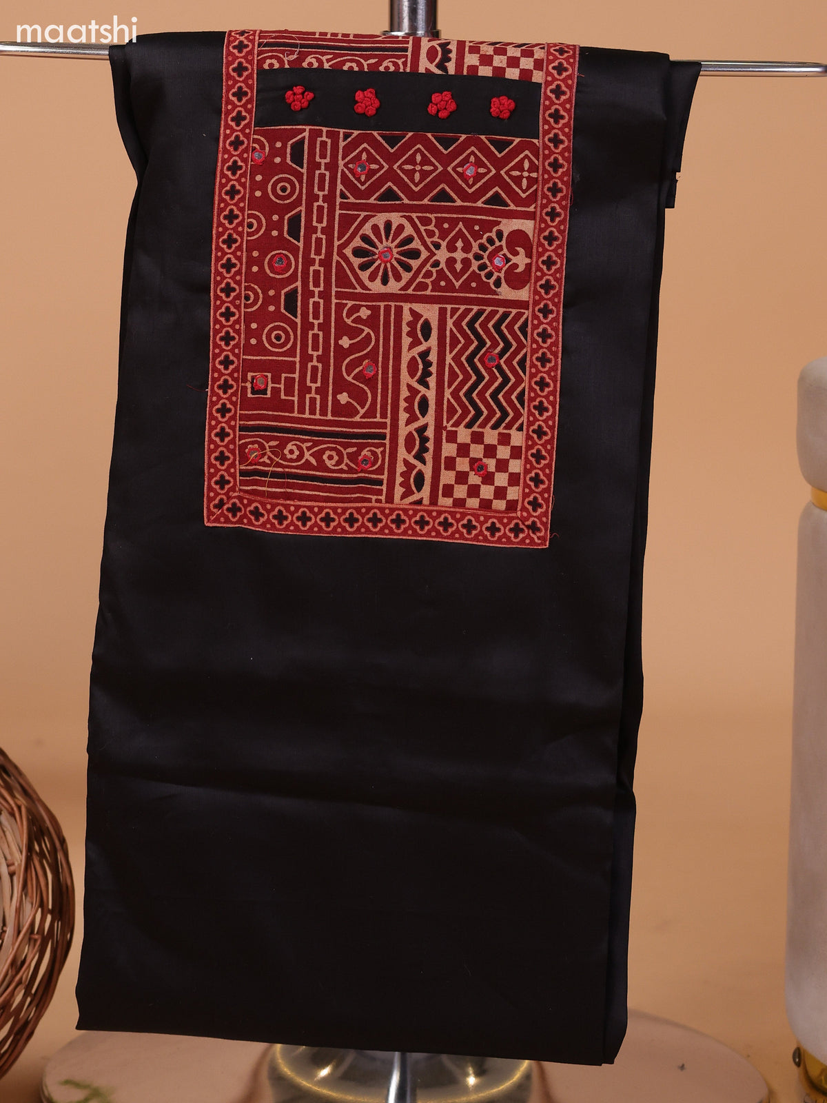 Black and Maroon Cotton Dress Material With Plain Body & Embroidery Work Neck Pattern and Bottom & Dupatta