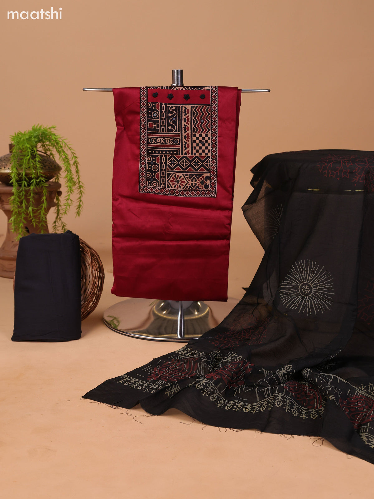 Dark Rust and Black Cotton Dress Material With Plain Body & Embroidery Work Neck Pattern and Bottom & Dupatta