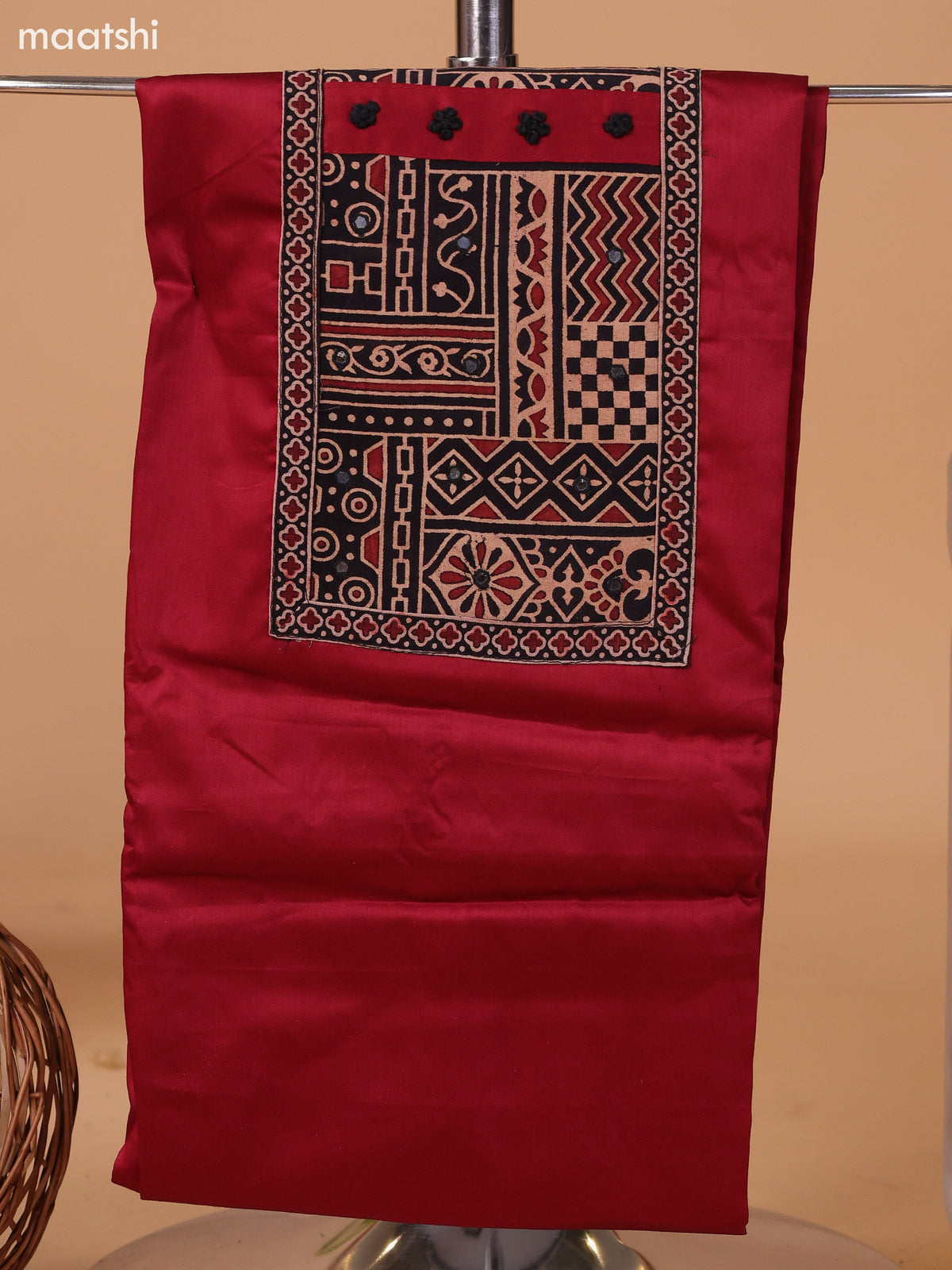 Dark Rust and Black Cotton Dress Material With Plain Body & Embroidery Work Neck Pattern and Bottom & Dupatta
