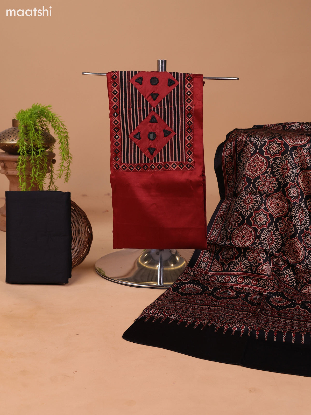 Dark Rust and Black Cotton Dress Material With Plain Body & Embroidery Work Neck Pattern and Bottom & Ajrakh Prints Dupatta