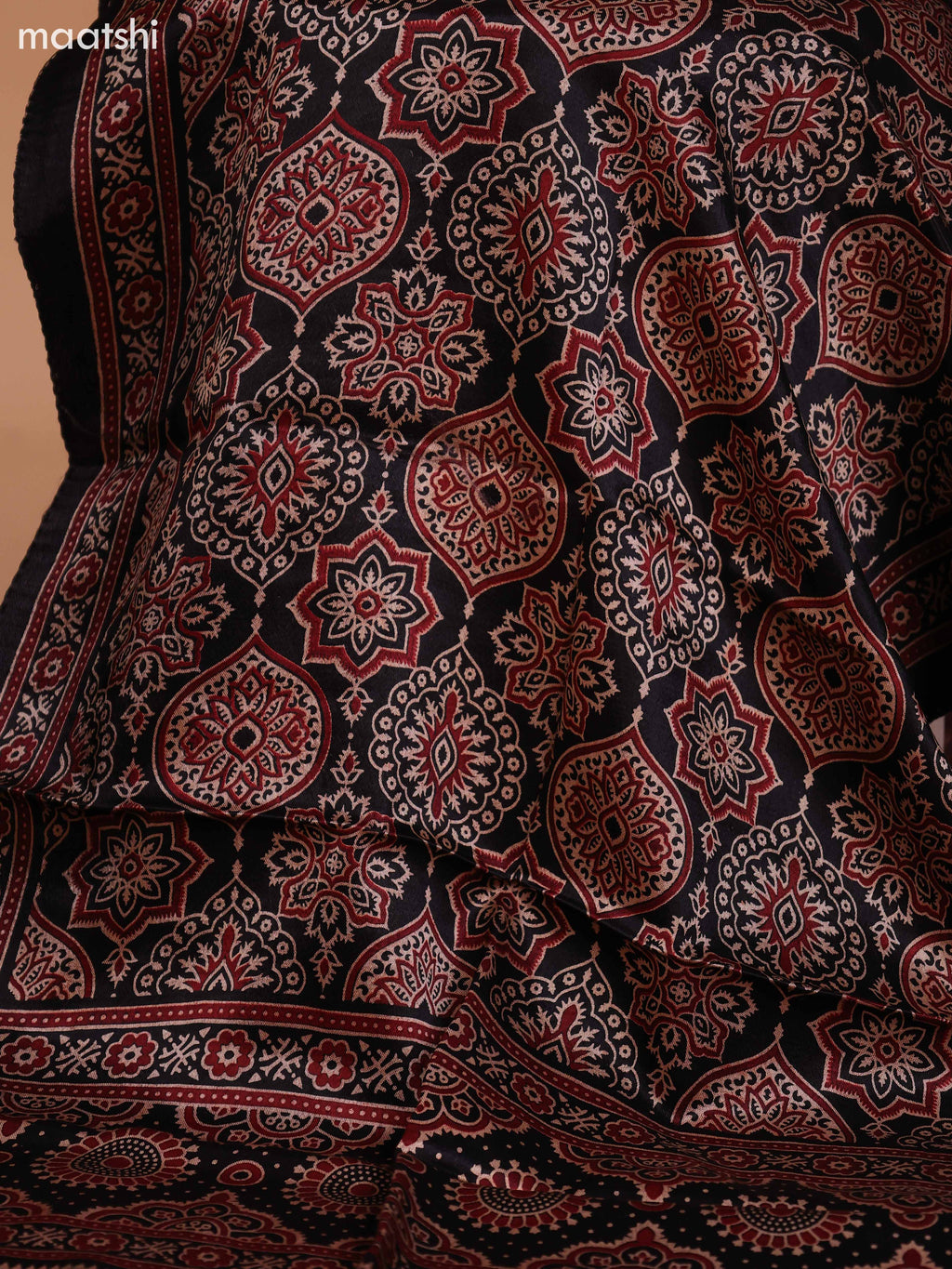 Dark Rust and Black Cotton Dress Material With Plain Body & Embroidery Work Neck Pattern and Bottom & Ajrakh Prints Dupatta