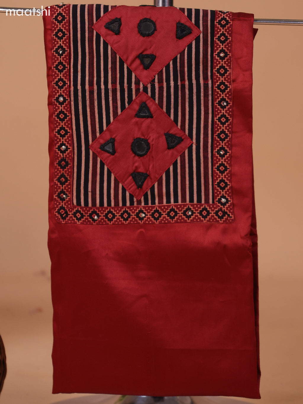 Dark Rust and Black Cotton Dress Material With Plain Body & Embroidery Work Neck Pattern and Bottom & Ajrakh Prints Dupatta