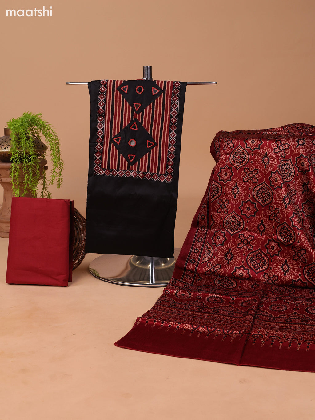 Black and Dark Rust Cotton Dress Material With Plain Body & Embroidery Work Neck Pattern and Bottom & Ajrakh Prints Dupatta