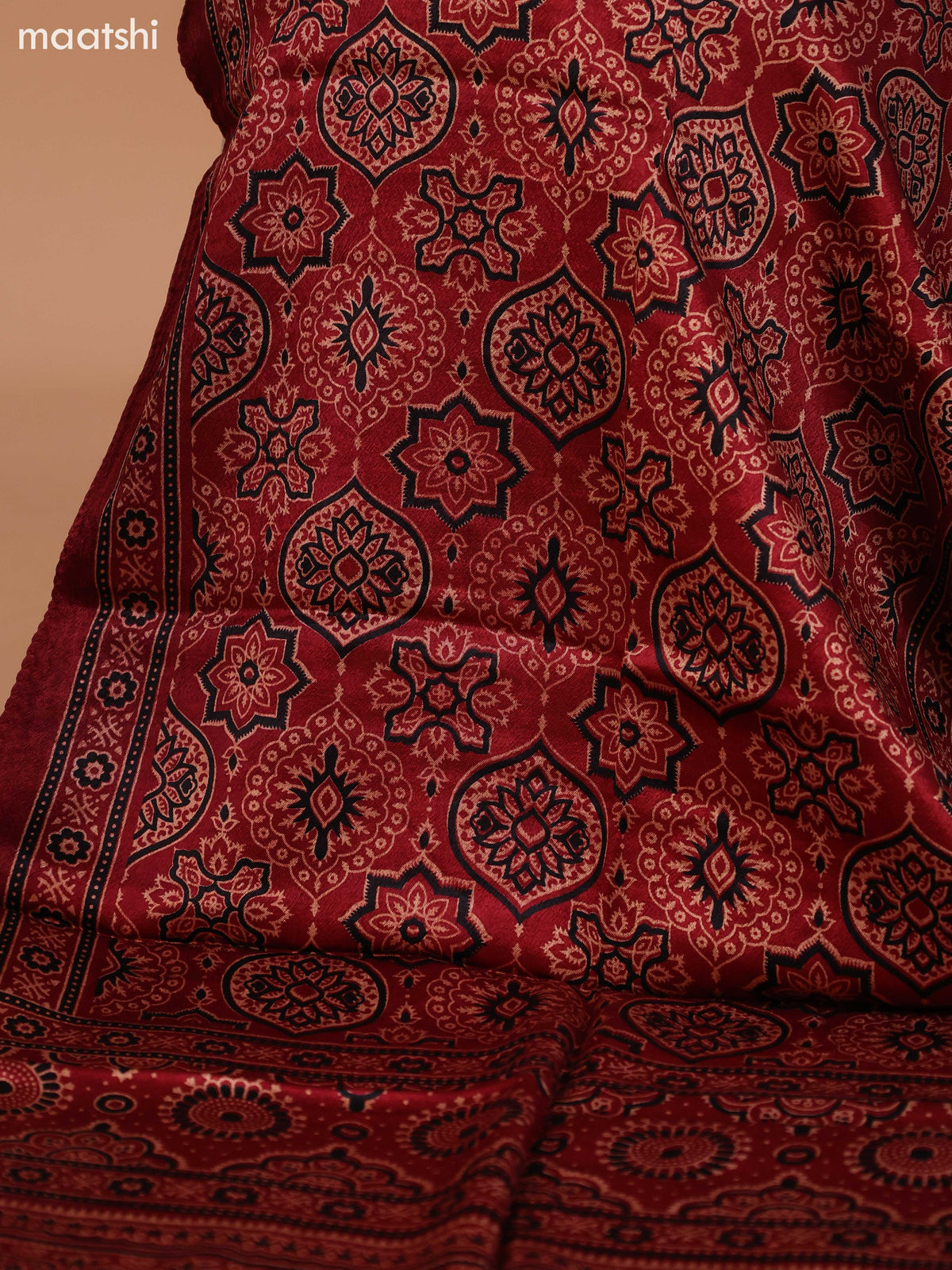 Black and Dark Rust Cotton Dress Material With Plain Body & Embroidery Work Neck Pattern and Bottom & Ajrakh Prints Dupatta