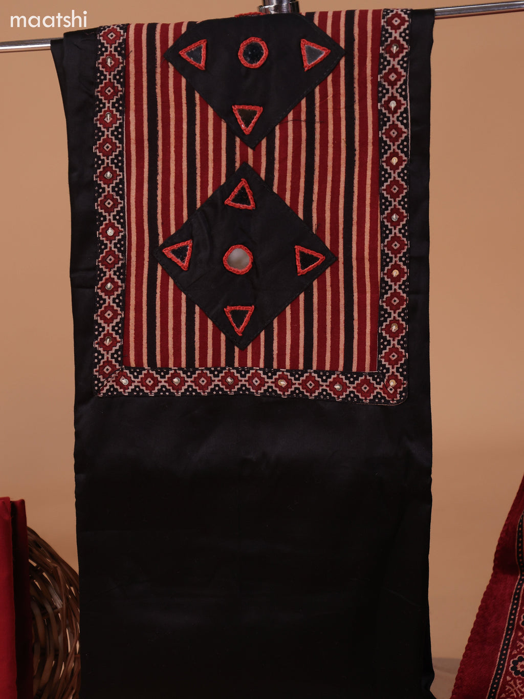Black and Dark Rust Cotton Dress Material With Plain Body & Embroidery Work Neck Pattern and Bottom & Ajrakh Prints Dupatta