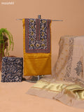 Mustard Yellow and Beige Cotton Dress Material With Plain Body & Kalamkari Prints Patch Work Neck Pattern and Bottom & Dupatta