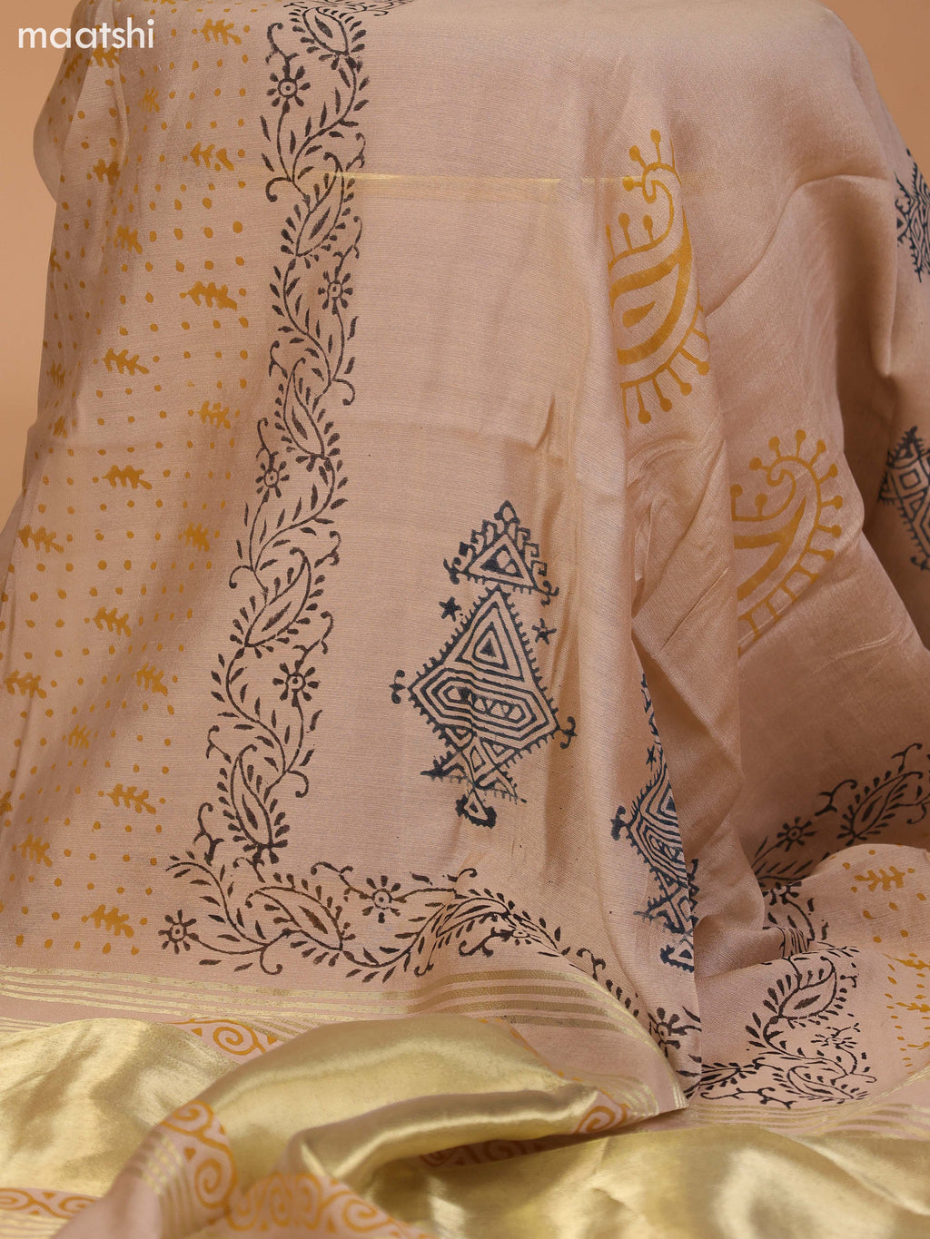 Mustard Yellow and Beige Cotton Dress Material With Plain Body & Kalamkari Prints Patch Work Neck Pattern and Bottom & Dupatta