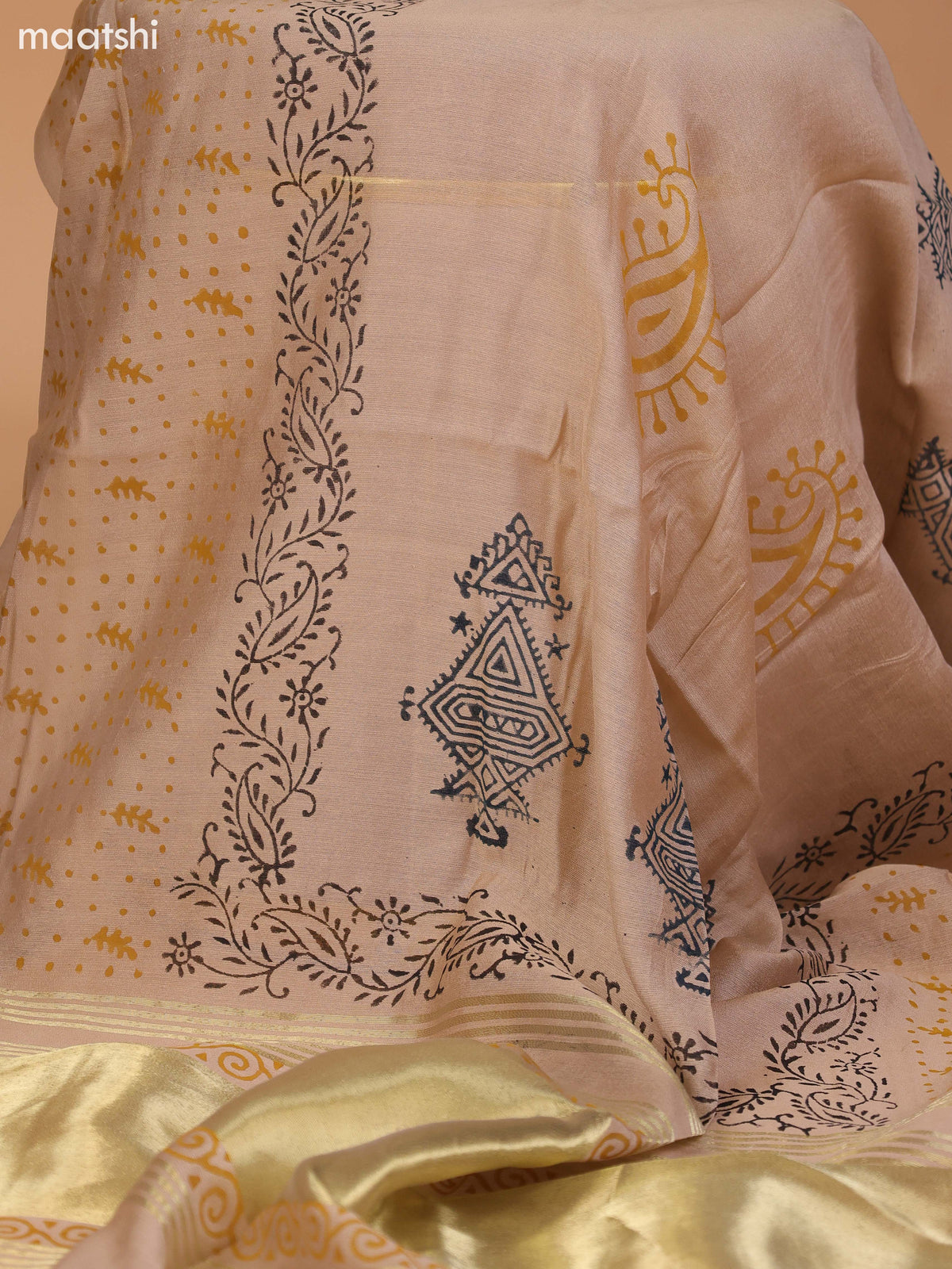 Mustard Yellow and Beige Cotton Dress Material With Plain Body & Kalamkari Prints Patch Work Neck Pattern and Bottom & Dupatta