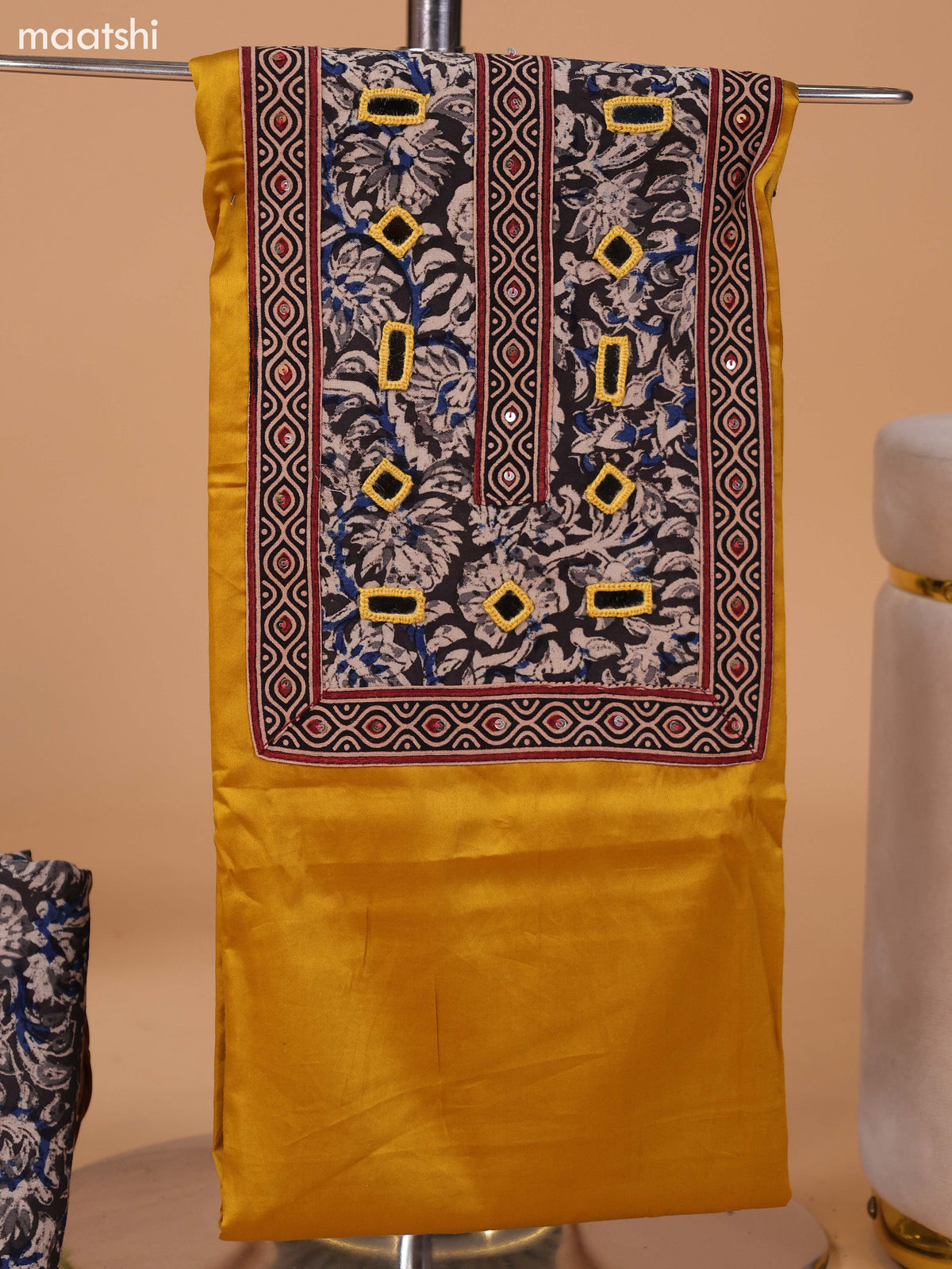 Mustard Yellow and Beige Cotton Dress Material With Plain Body & Kalamkari Prints Patch Work Neck Pattern and Bottom & Dupatta