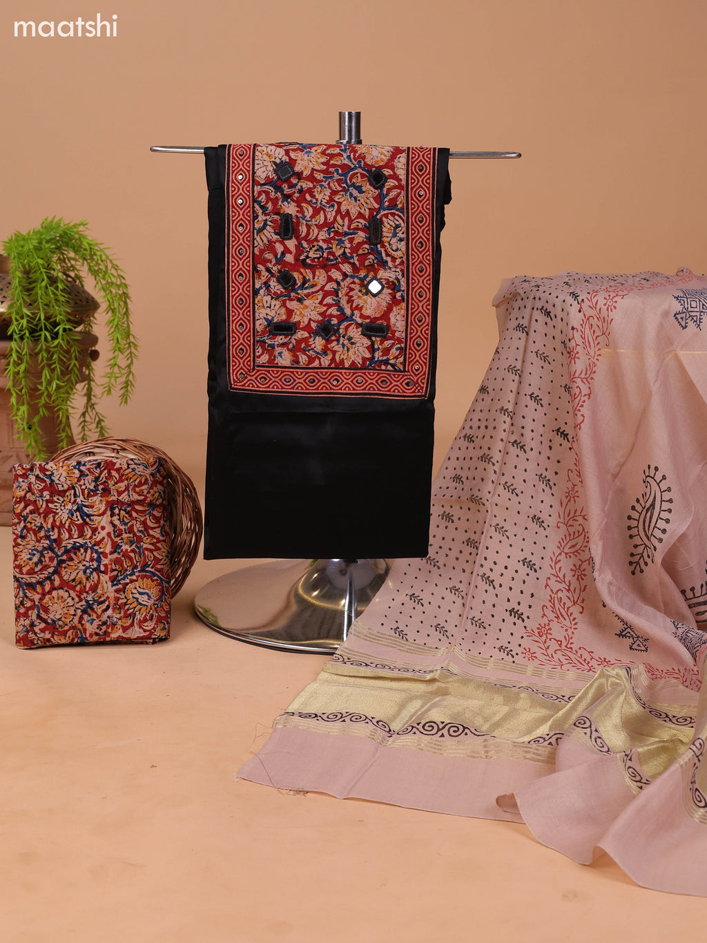 Black and Beige Cotton Dress Material With Plain Body & Kalamkari Prints Patch Work Neck Pattern and Bottom & Dupatta