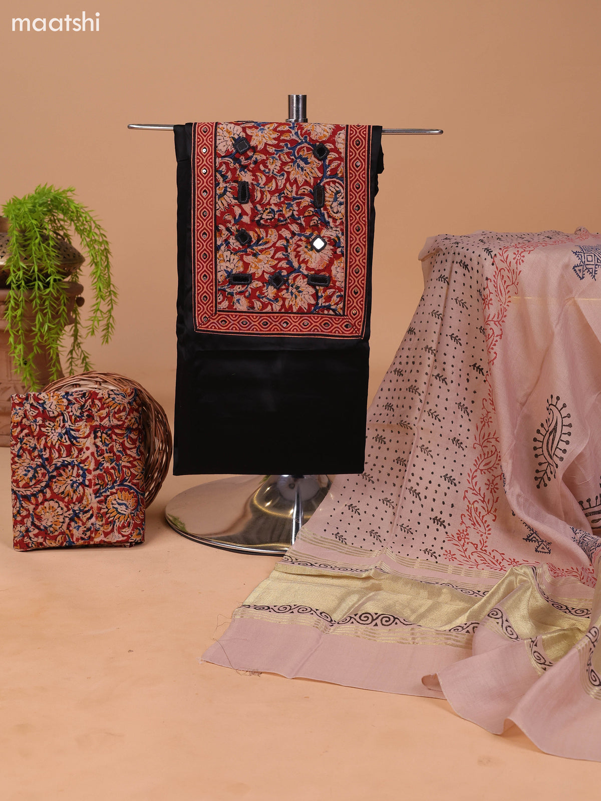 Black and Beige Cotton Dress Material With Plain Body & Kalamkari Prints Patch Work Neck Pattern and Bottom & Dupatta