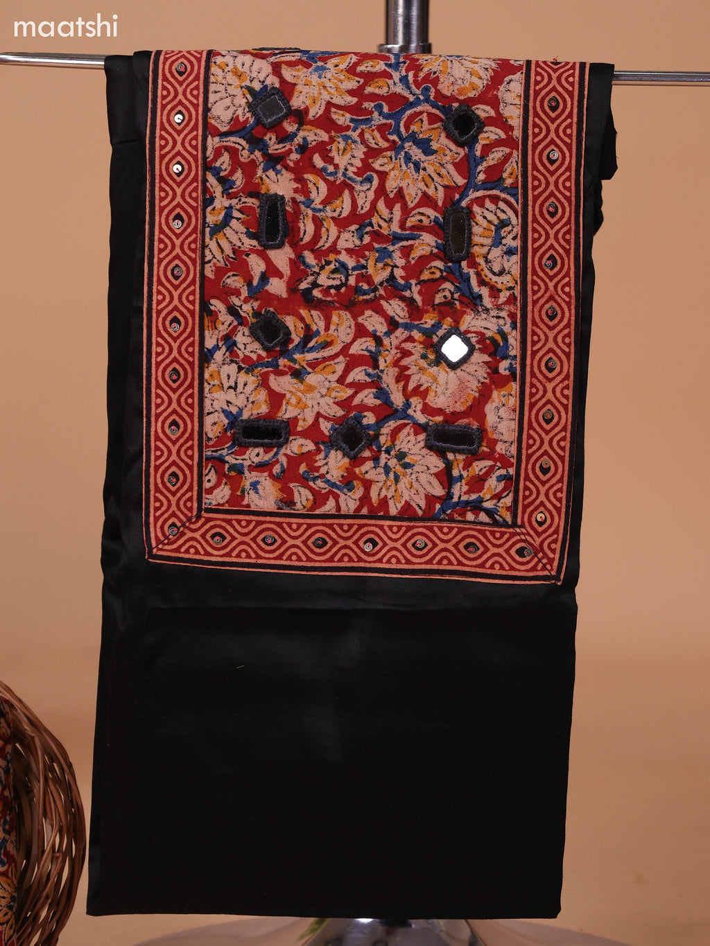 Black and Beige Cotton Dress Material With Plain Body & Kalamkari Prints Patch Work Neck Pattern and Bottom & Dupatta