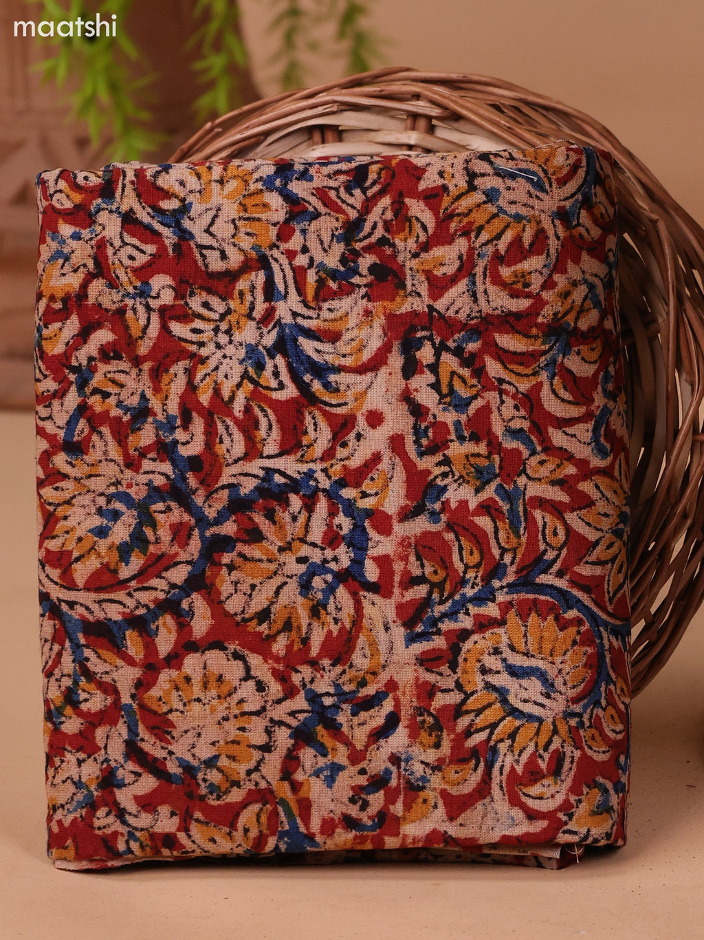 Black and Beige Cotton Dress Material With Plain Body & Kalamkari Prints Patch Work Neck Pattern and Bottom & Dupatta