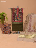 Sap Green and Beige Cotton Dress Material With Plain Body & Kalamkari Prints Patch Work Neck Pattern and Bottom & Dupatta