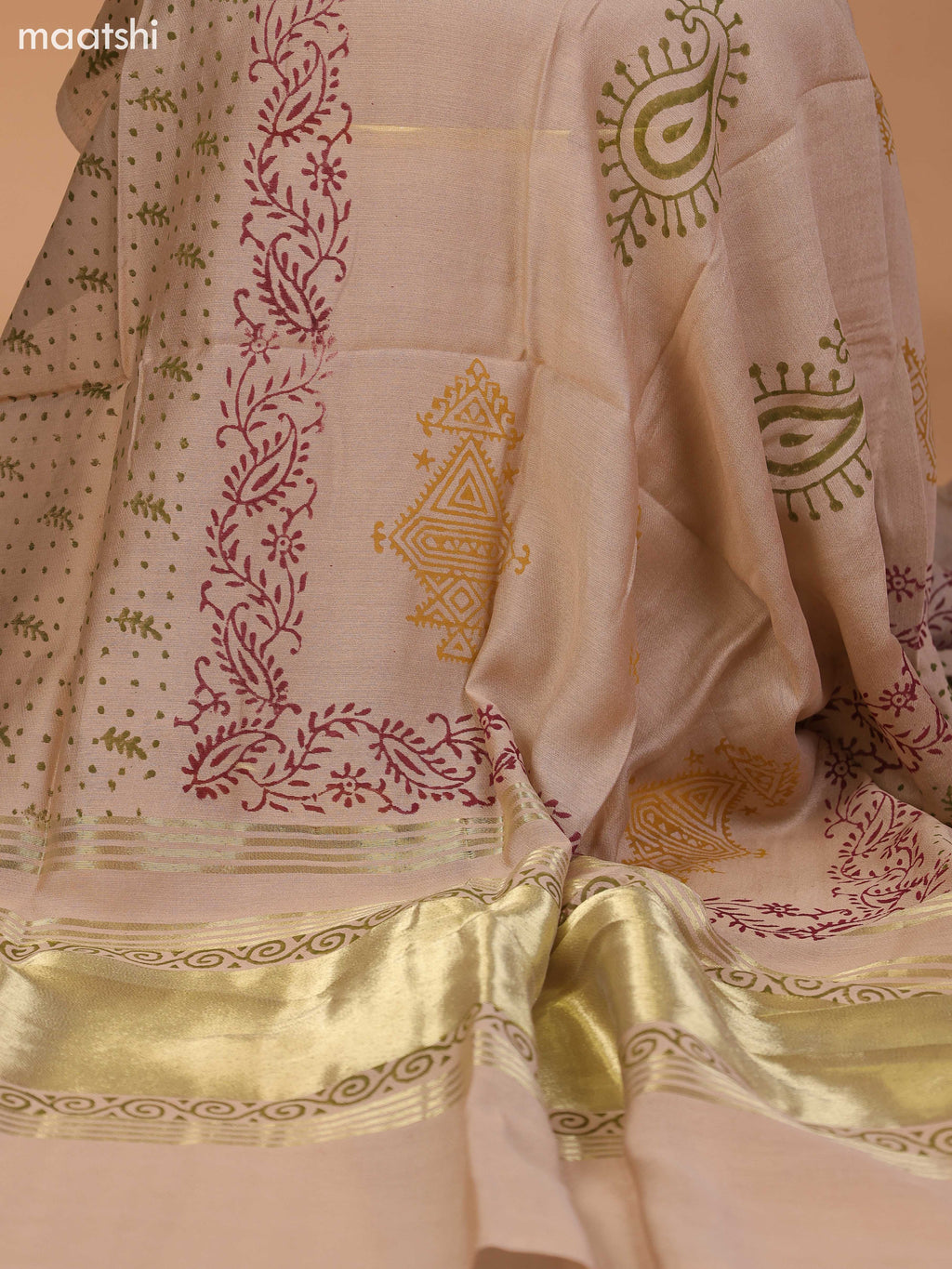 Sap Green and Beige Cotton Dress Material With Plain Body & Kalamkari Prints Patch Work Neck Pattern and Bottom & Dupatta