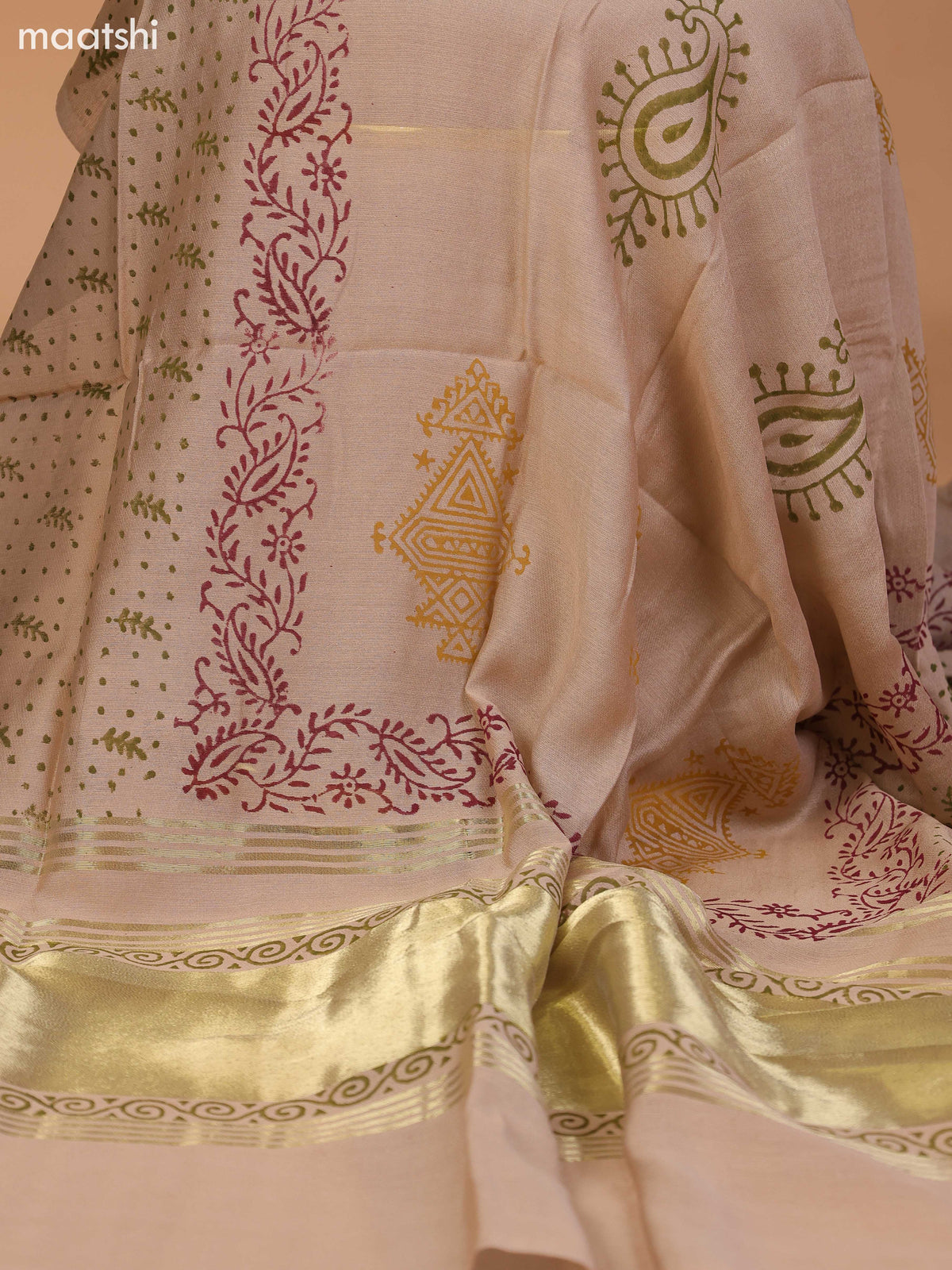 Sap Green and Beige Cotton Dress Material With Plain Body & Kalamkari Prints Patch Work Neck Pattern and Bottom & Dupatta