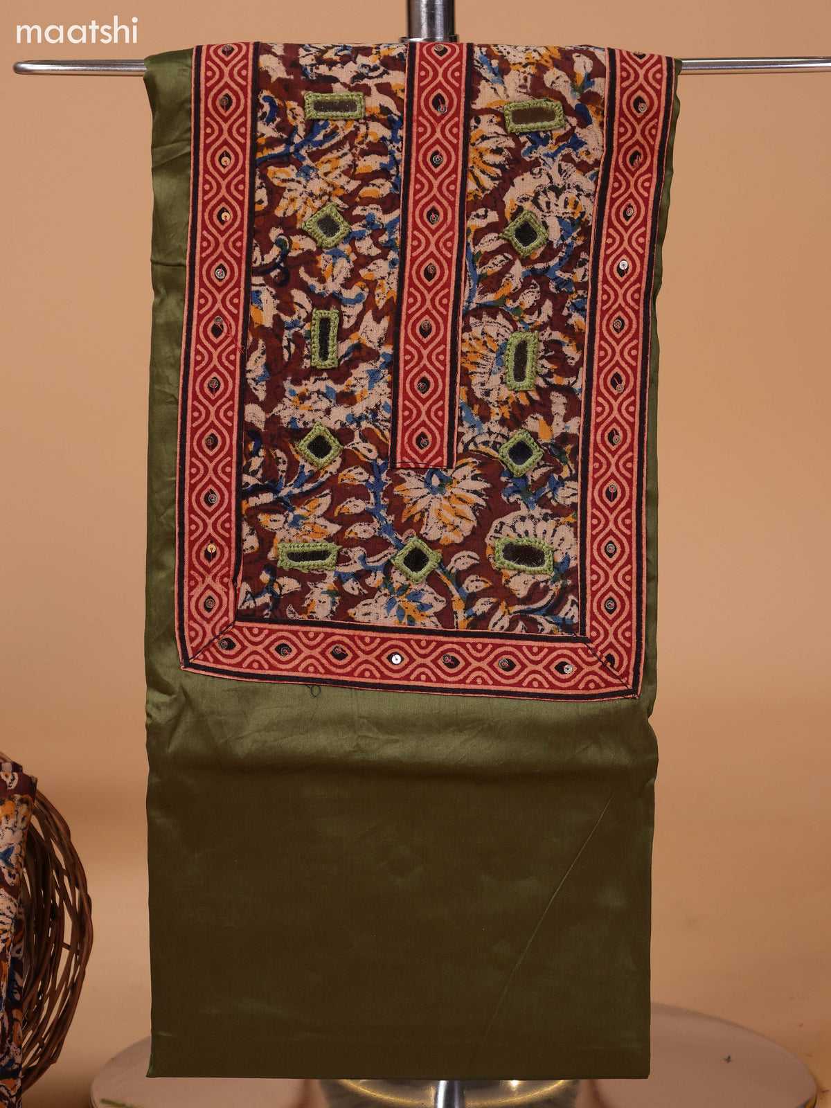 Sap Green and Beige Cotton Dress Material With Plain Body & Kalamkari Prints Patch Work Neck Pattern and Bottom & Dupatta