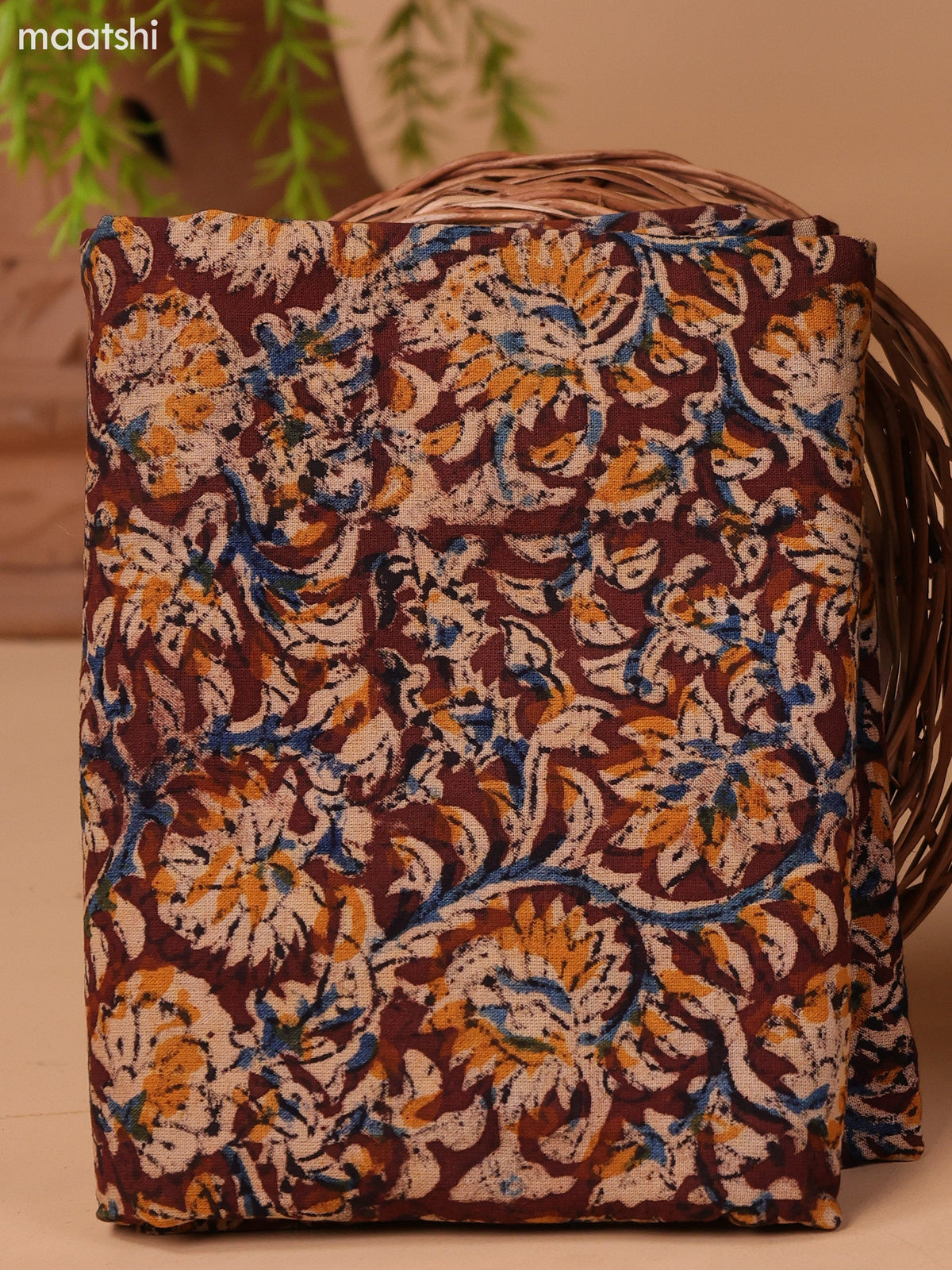 Sap Green and Beige Cotton Dress Material With Plain Body & Kalamkari Prints Patch Work Neck Pattern and Bottom & Dupatta