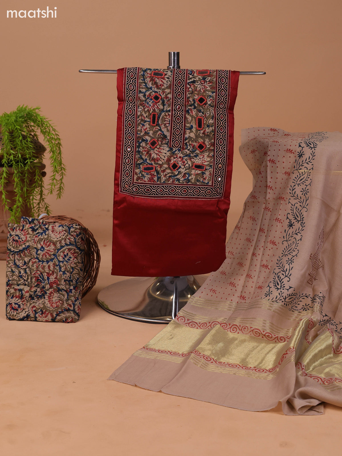 Rust and Beige Cotton Dress Material With Plain Body & Kalamkari Prints Patch Work Neck Pattern and Bottom & Dupatta