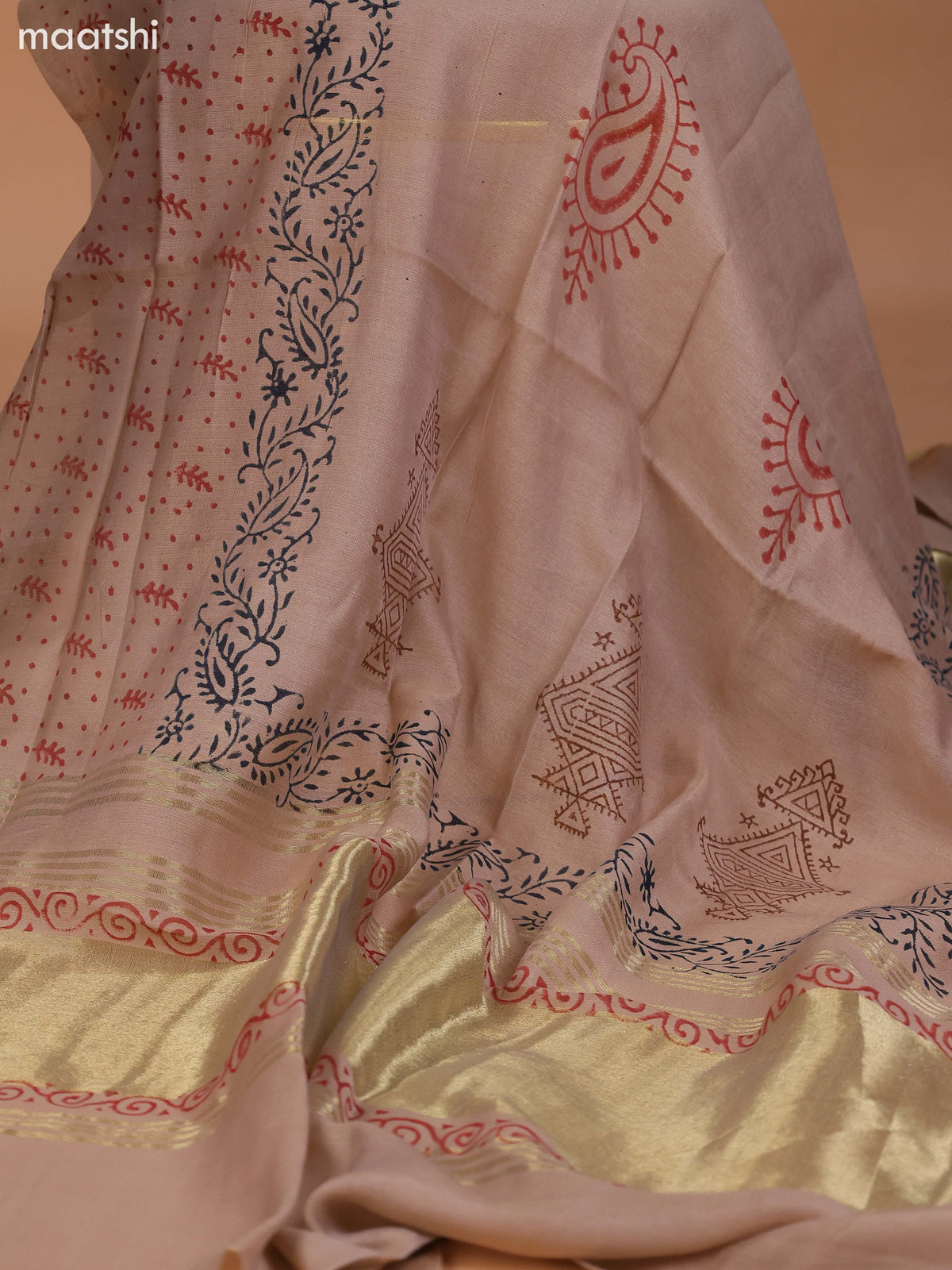 Rust and Beige Cotton Dress Material With Plain Body & Kalamkari Prints Patch Work Neck Pattern and Bottom & Dupatta