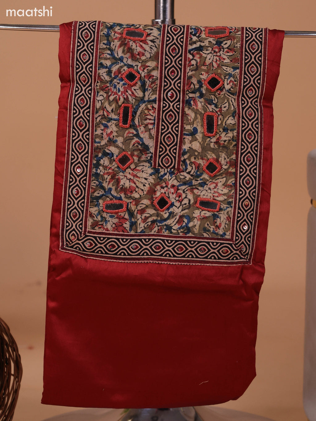 Rust and Beige Cotton Dress Material With Plain Body & Kalamkari Prints Patch Work Neck Pattern and Bottom & Dupatta