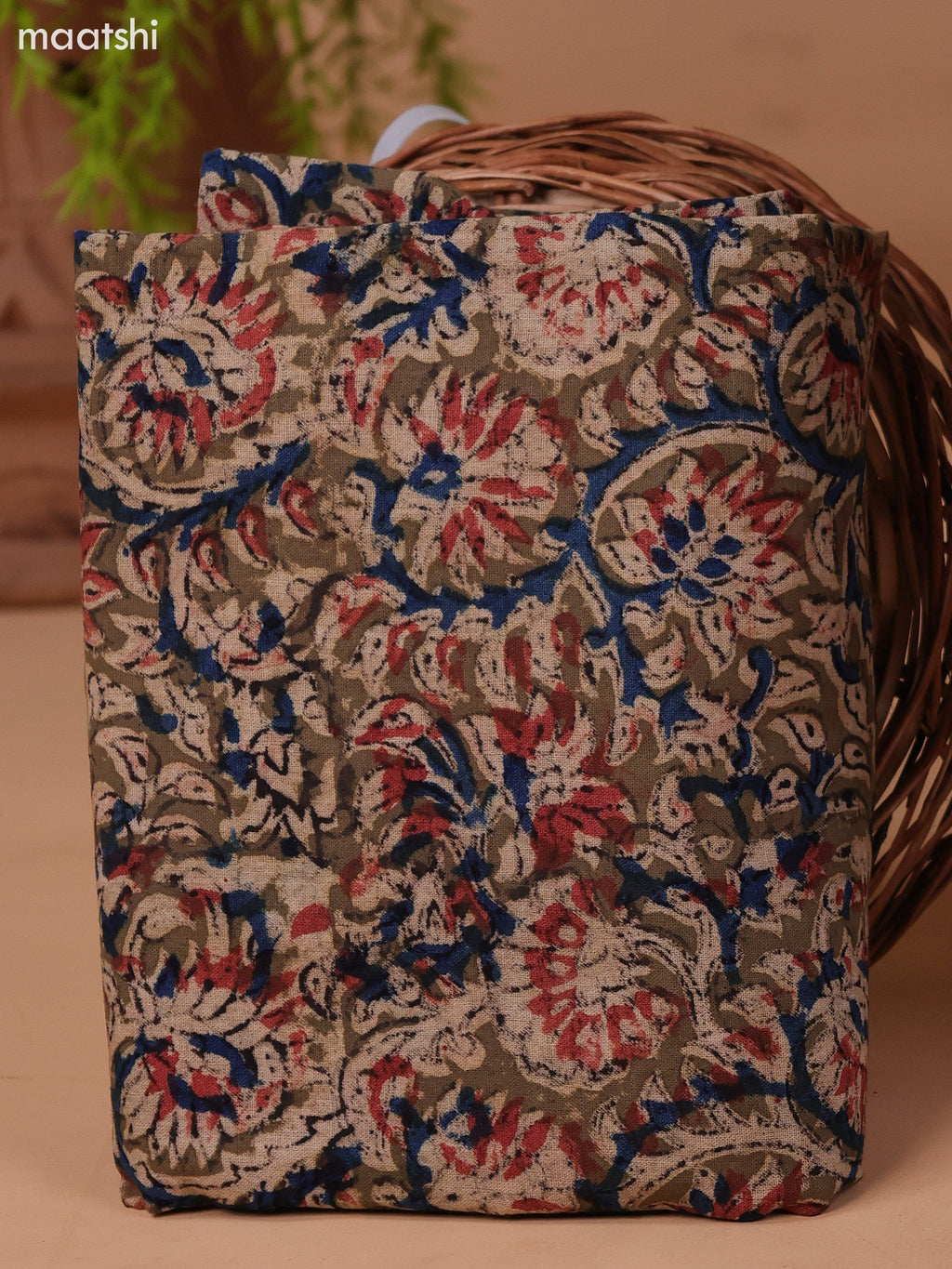 Rust and Beige Cotton Dress Material With Plain Body & Kalamkari Prints Patch Work Neck Pattern and Bottom & Dupatta