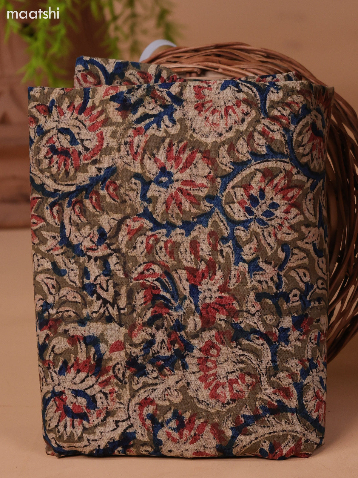Rust and Beige Cotton Dress Material With Plain Body & Kalamkari Prints Patch Work Neck Pattern and Bottom & Dupatta