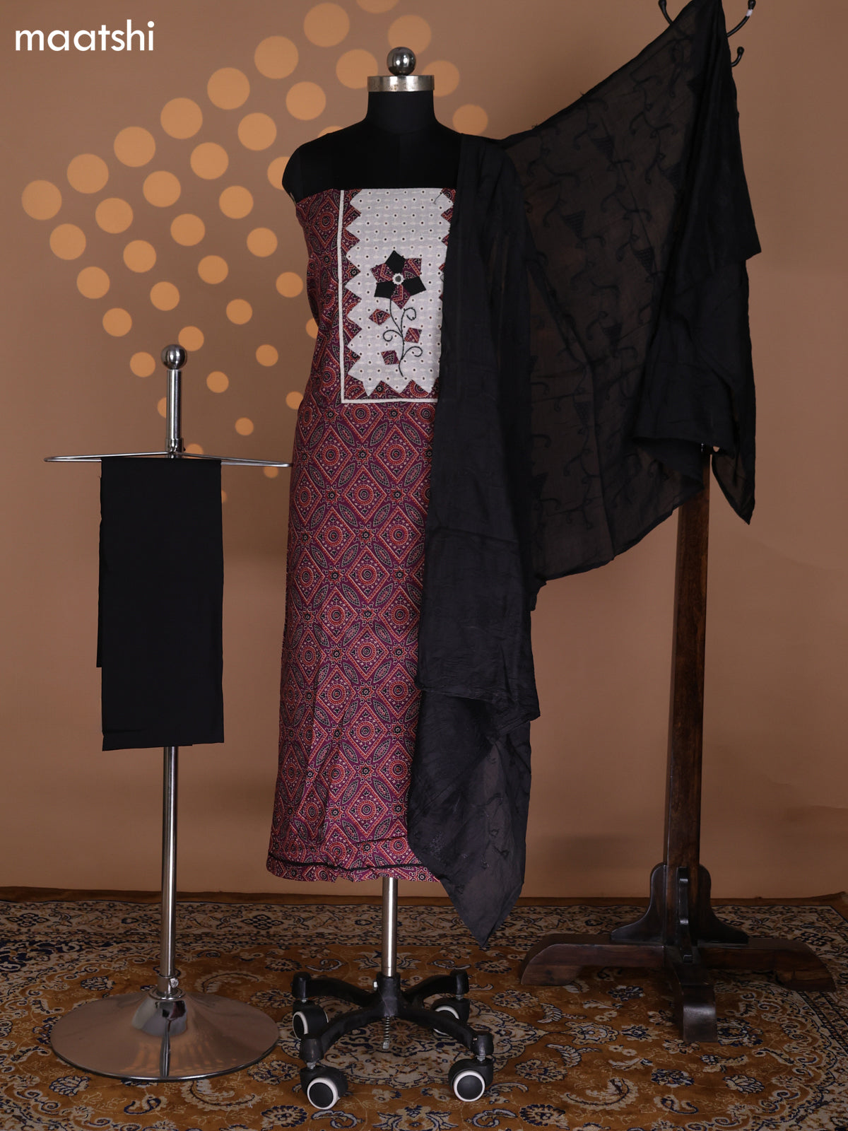 Dark Magenta and Black Cotton Dress Material With Allover Ajrakh Prints & Patch Work Neck Pattern and Bottom & Dupatta