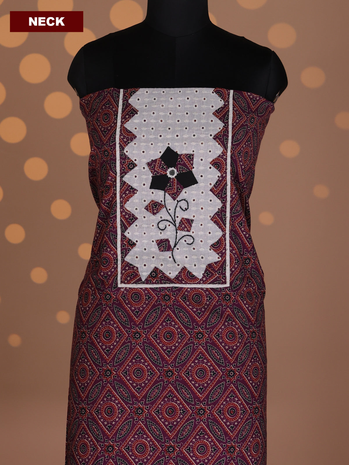 Dark Magenta and Black Cotton Dress Material With Allover Ajrakh Prints & Patch Work Neck Pattern and Bottom & Dupatta