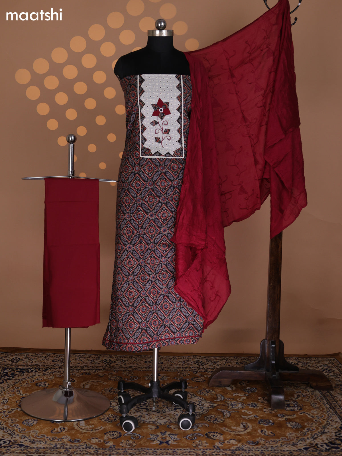 Black and Maroon Cotton Dress Material With Allover Ajrakh Prints & Patch Work Neck Pattern and Bottom & Dupatta