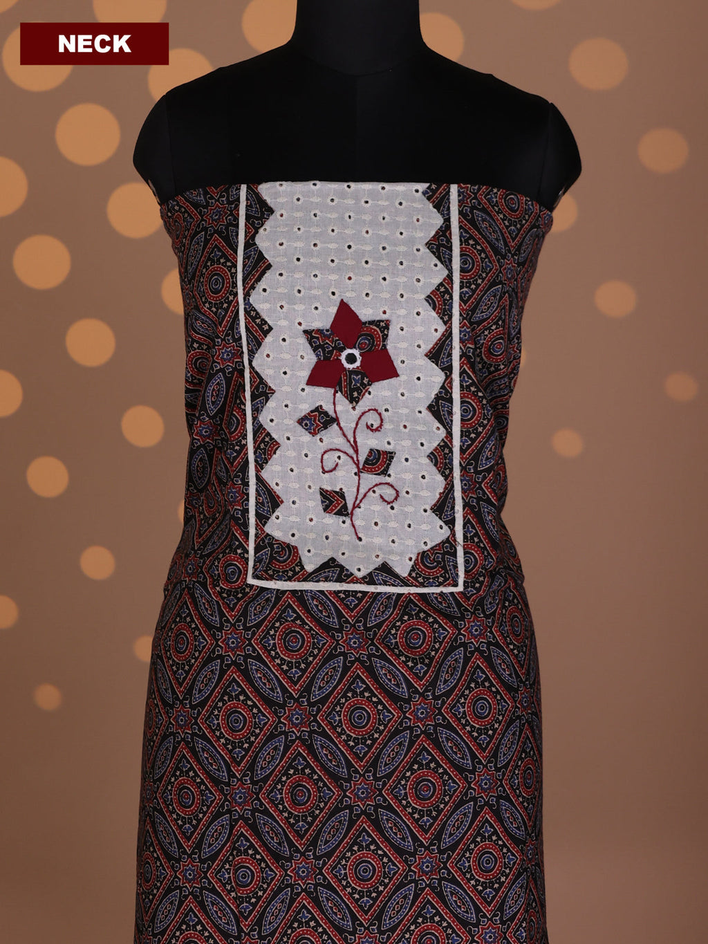 Black and Maroon Cotton Dress Material With Allover Ajrakh Prints & Patch Work Neck Pattern and Bottom & Dupatta