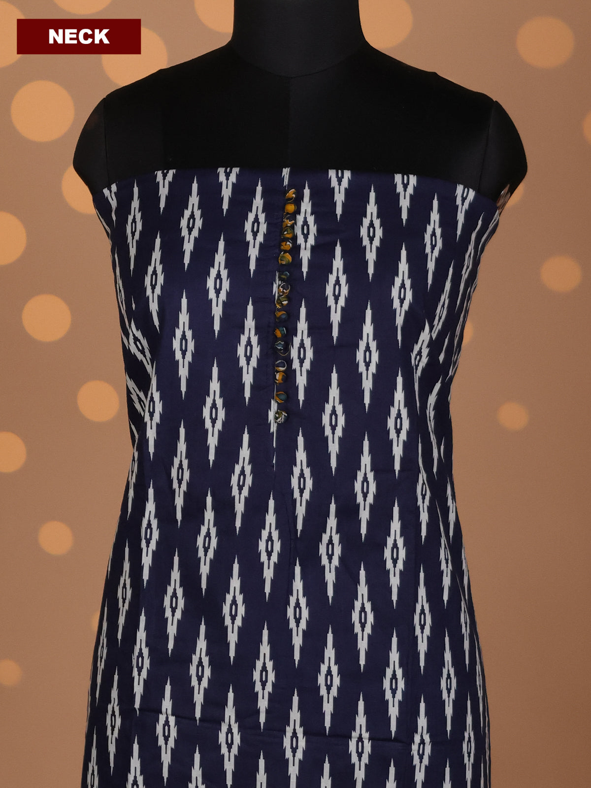Navy Blue and Mustard Yellow Cotton Dress Material With Allover Ikat Weaves and Kalamkari Bottom & Dupatta