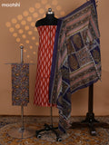 Dark Rust and Blue Cotton Dress Material With Allover Ikat Weaves and Kalamkari Bottom & Dupatta