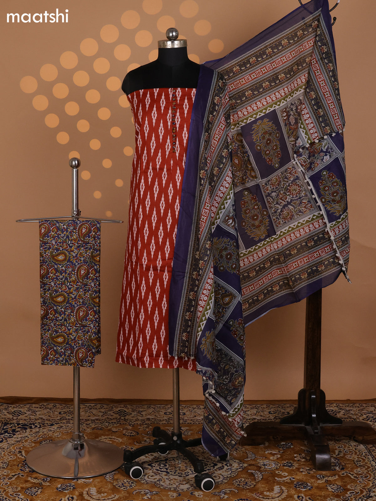 Dark Rust and Blue Cotton Dress Material With Allover Ikat Weaves and Kalamkari Bottom & Dupatta