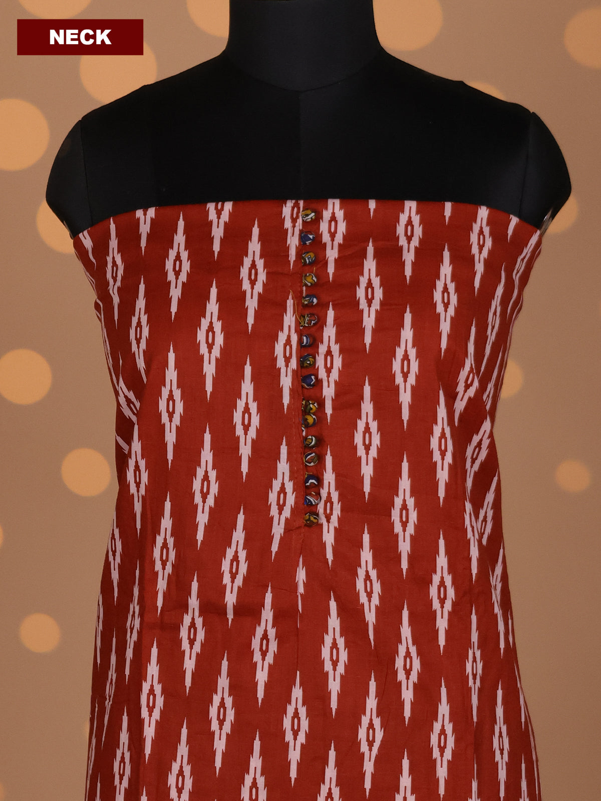 Dark Rust and Blue Cotton Dress Material With Allover Ikat Weaves and Kalamkari Bottom & Dupatta