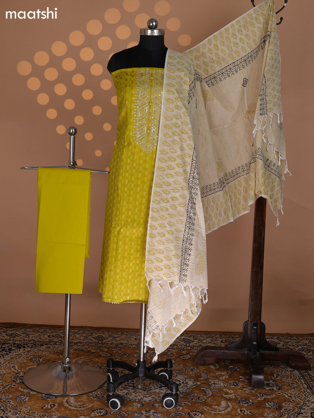 Lime Green and Beige Cotton Dress Material With Allover Banarasi Style Buttas & Embroidery Work Neck Pattern and Bottom & Dupatta