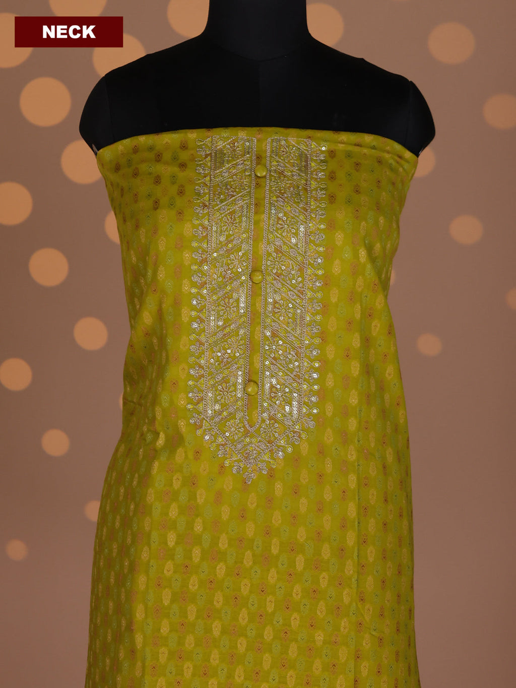Lime Green and Beige Cotton Dress Material With Allover Banarasi Style Buttas & Embroidery Work Neck Pattern and Bottom & Dupatta