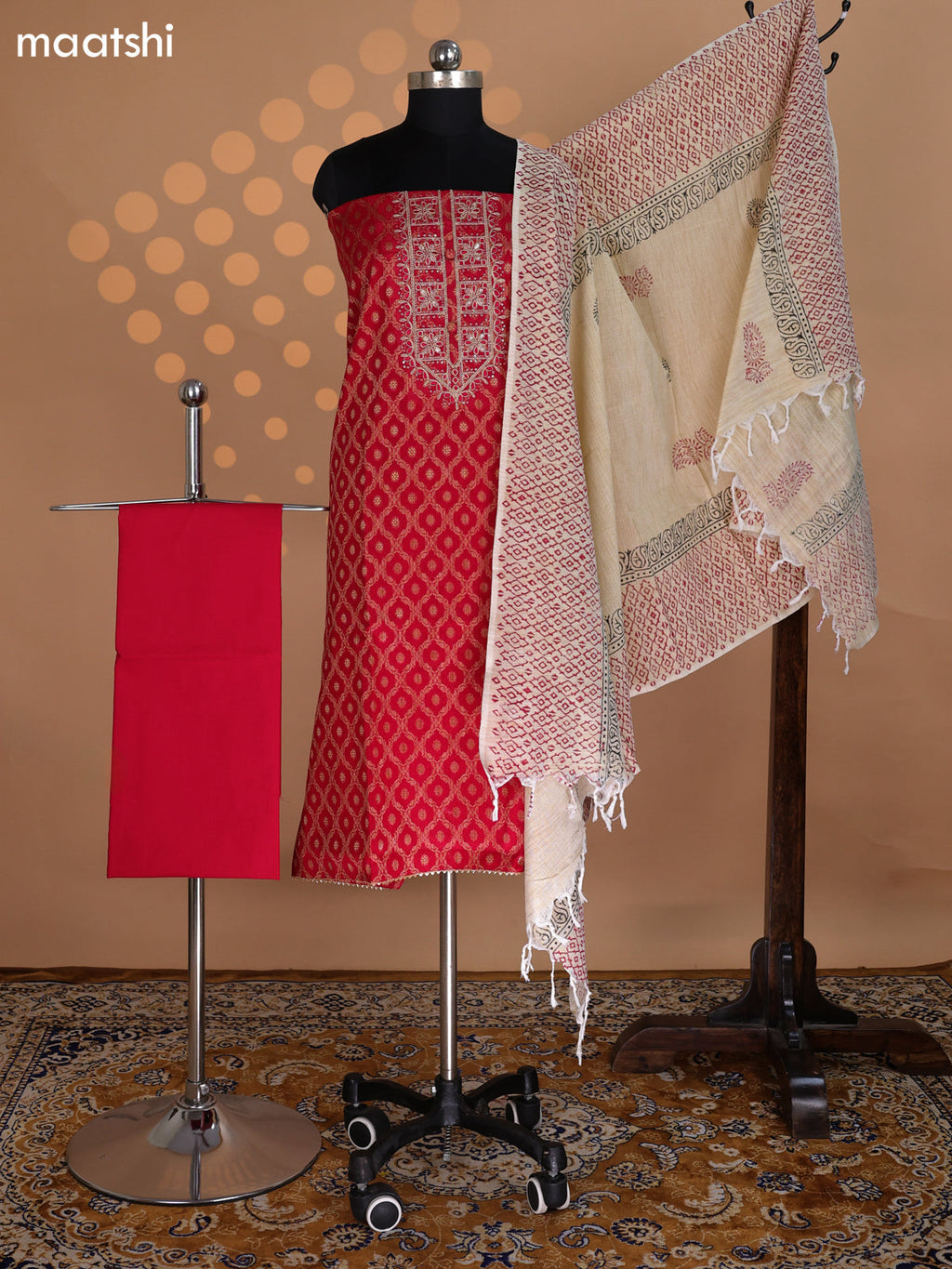Reddish Pink and Beige Cotton Dress Material With Allover Banarasi Style Weaves & Embroidery Work Neck Pattern and Bottom & Dupatta