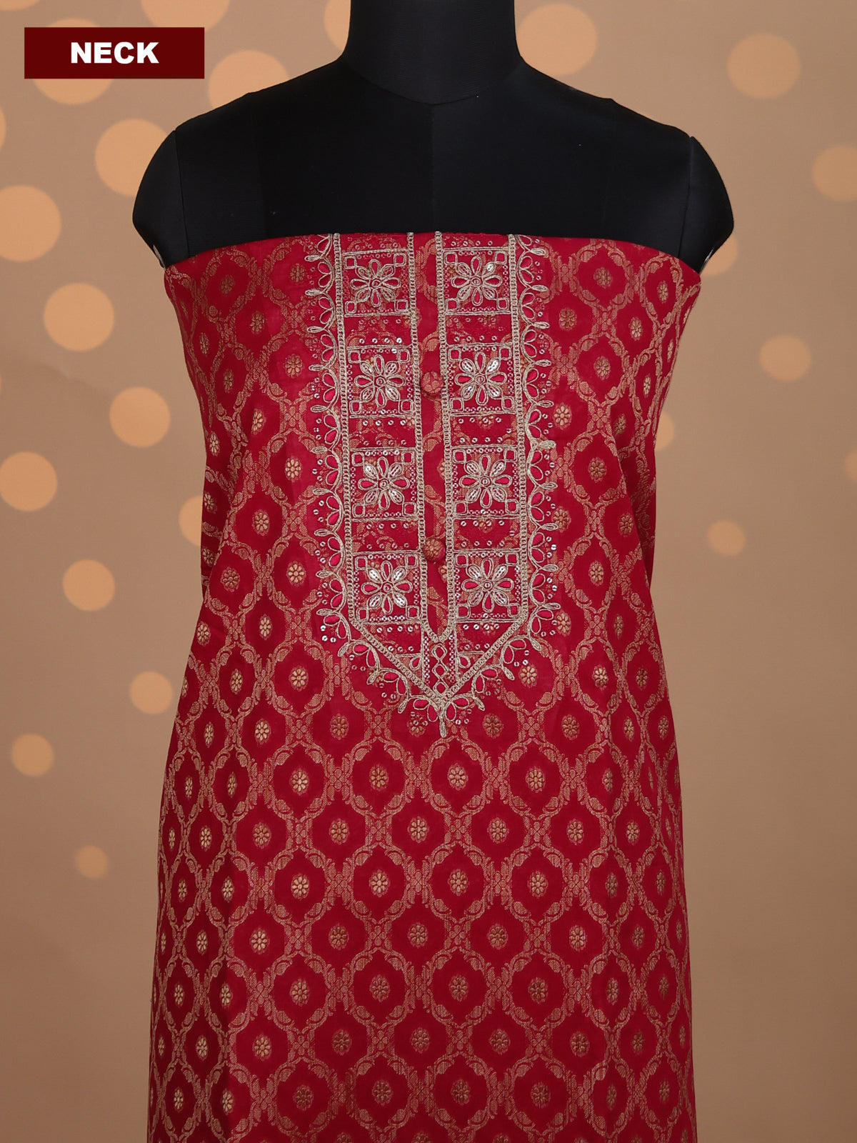 Reddish Pink and Beige Cotton Dress Material With Allover Banarasi Style Weaves & Embroidery Work Neck Pattern and Bottom & Dupatta