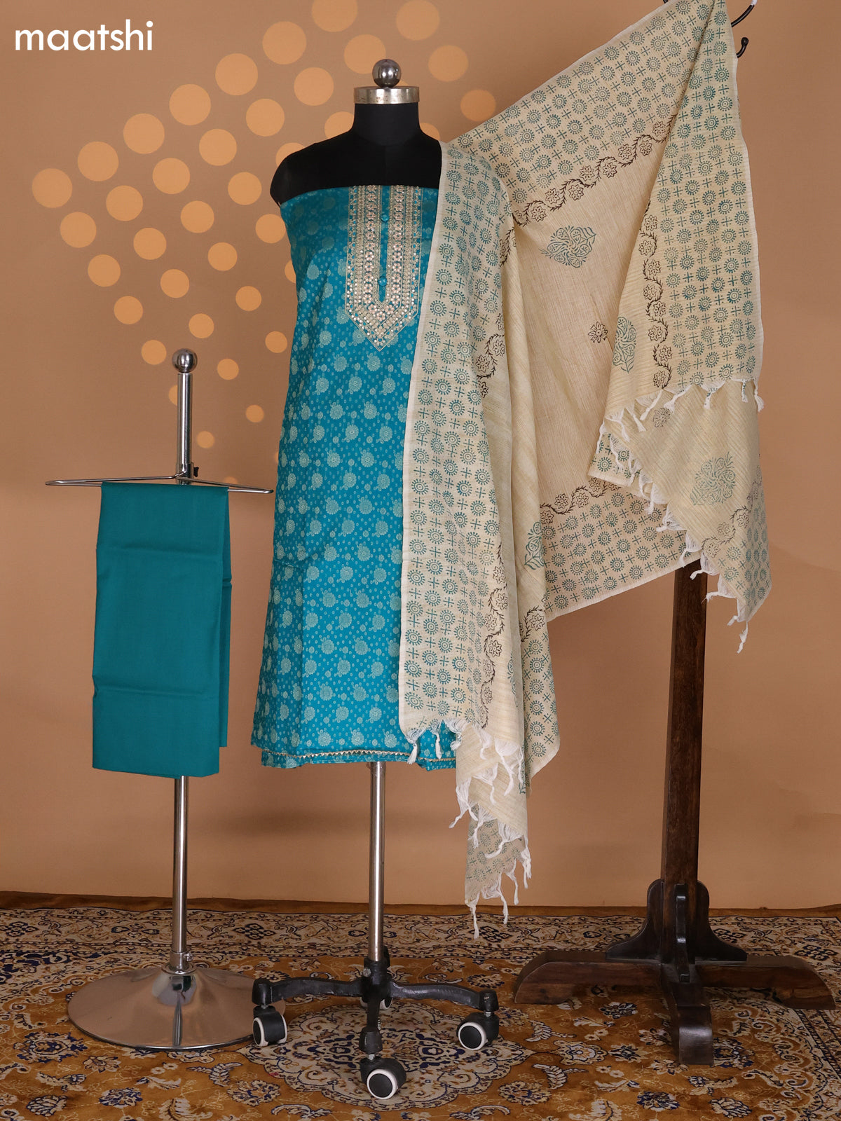 Teal Green and Beige Cotton Dress Material With Allover Banarasi Style Buttas & Embroidery Work Neck Pattern and Bottom & Dupatta