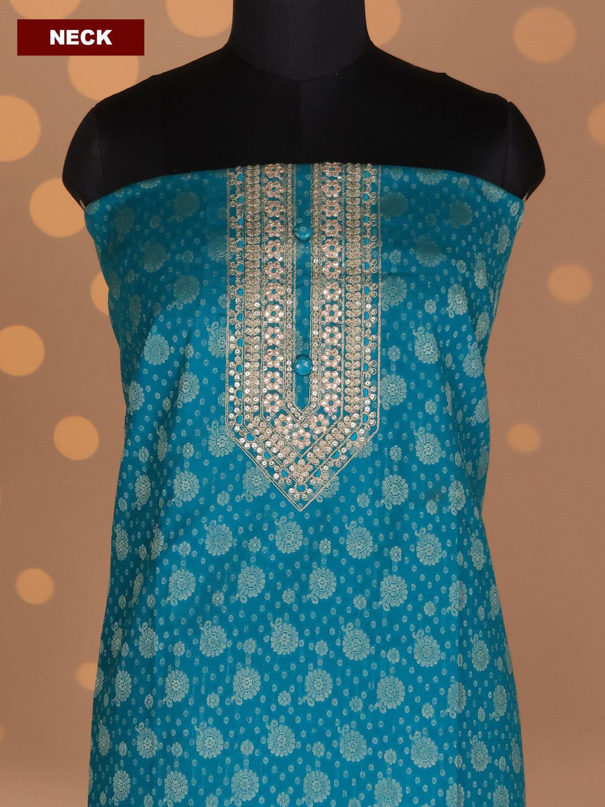 Teal Green and Beige Cotton Dress Material With Allover Banarasi Style Buttas & Embroidery Work Neck Pattern and Bottom & Dupatta