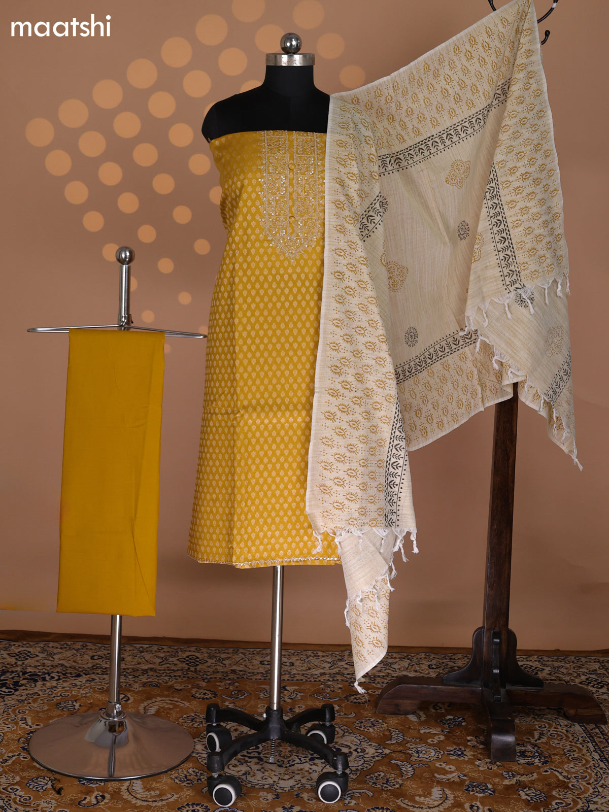 Mustard Yellow and Beige Cotton Dress Material With Allover Banarasi Style Buttas & Embroidery Work Neck Pattern and Bottom & Dupatta