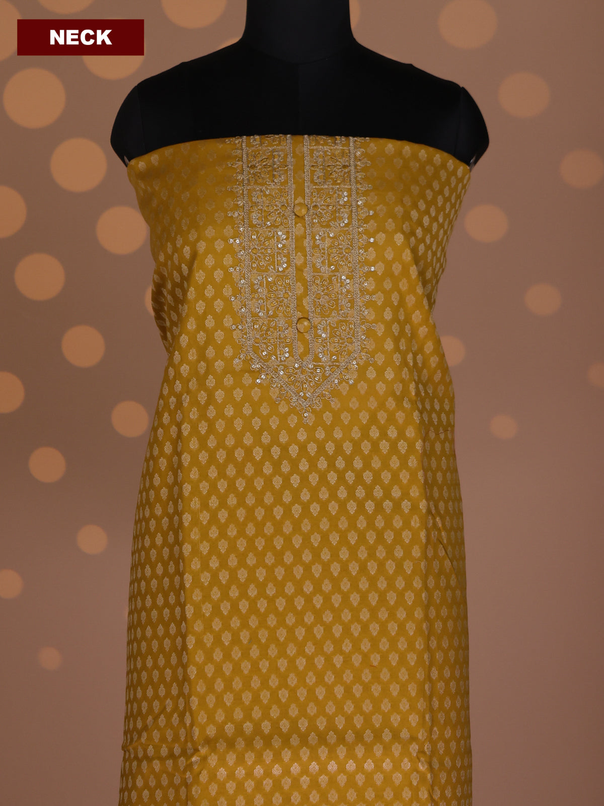 Mustard Yellow and Beige Cotton Dress Material With Allover Banarasi Style Buttas & Embroidery Work Neck Pattern and Bottom & Dupatta