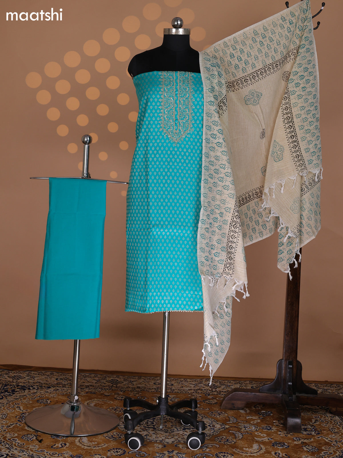 Teal Green and Beige Cotton Dress Material With Allover Banarasi Style Buttas & Embroidery Work Neck Pattern and Bottom & Dupatta