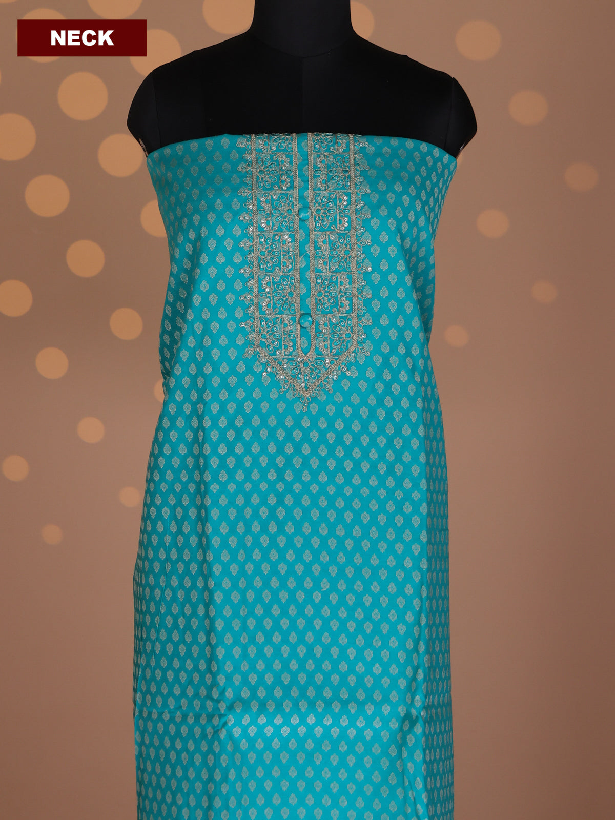 Teal Green and Beige Cotton Dress Material With Allover Banarasi Style Buttas & Embroidery Work Neck Pattern and Bottom & Dupatta