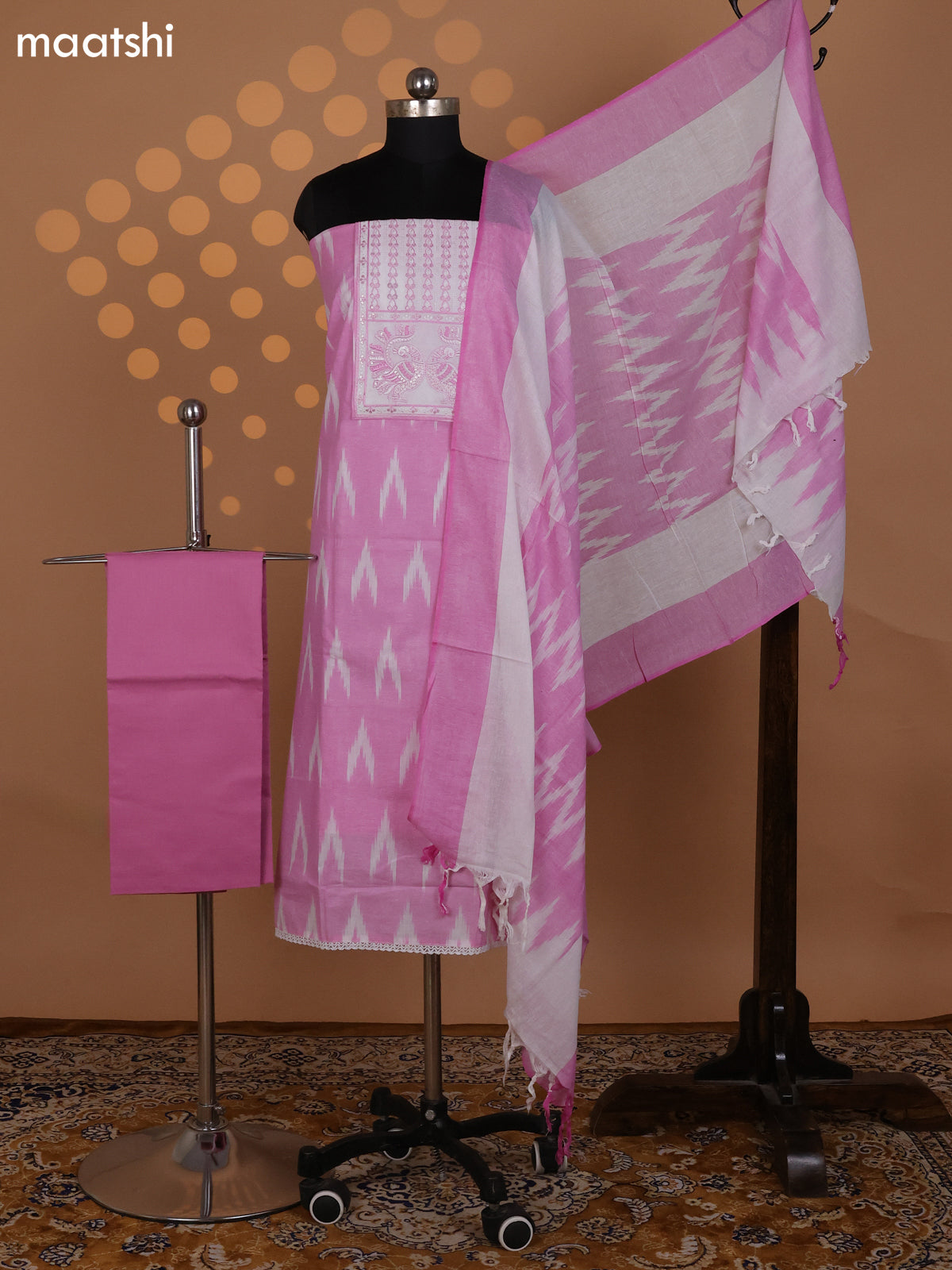 Peach Pink and Off White Cotton Dress Material With Ikat Weaves & Embroidery Work Neck Pattern and Bottom & Dupatta