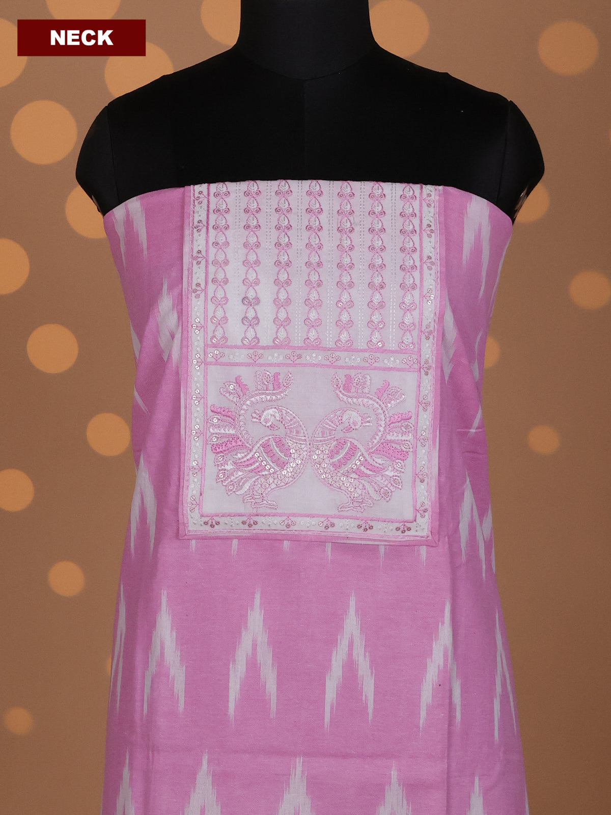 Peach Pink and Off White Cotton Dress Material With Ikat Weaves & Embroidery Work Neck Pattern and Bottom & Dupatta