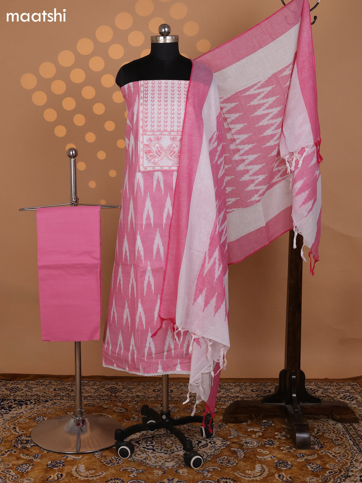 Peach and Off White Cotton Dress Material With Ikat Weaves & Embroidery Work Neck Pattern and Bottom & Dupatta