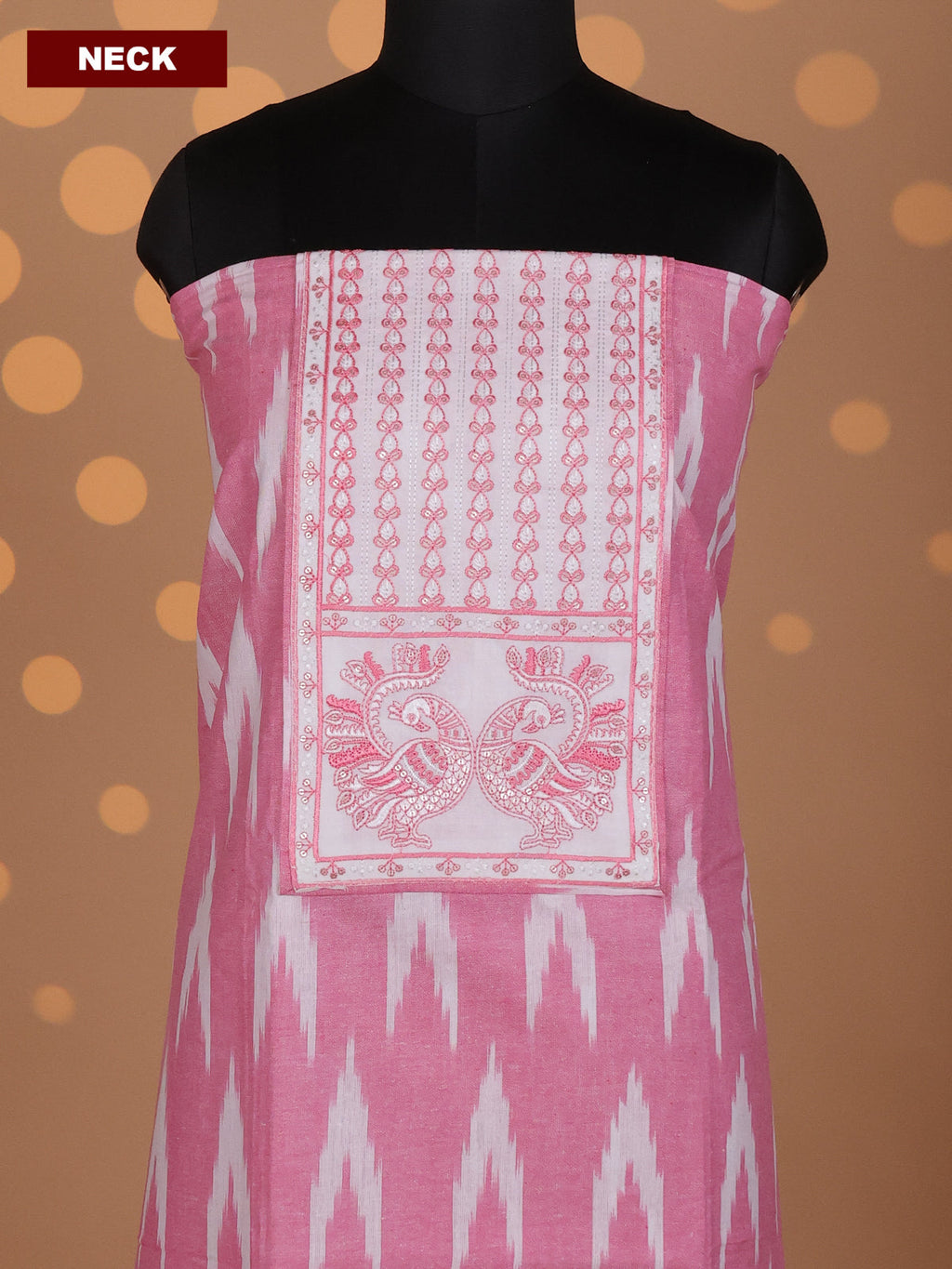 Peach and Off White Cotton Dress Material With Ikat Weaves & Embroidery Work Neck Pattern and Bottom & Dupatta